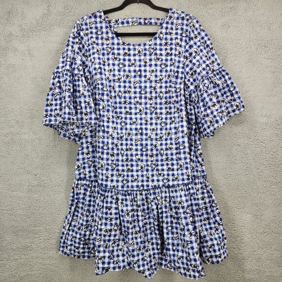 H! by Henry Holland Women's 16 Navy‎ Blue Floral Gingham Print Smock Dress - Picture 5 of 8